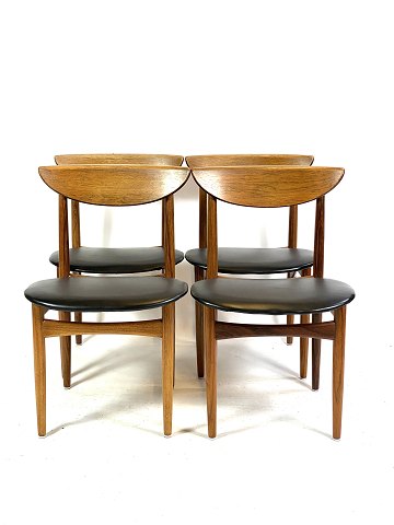 Fire spisestuestole I palisander og polstret med sort læder af Dansk design fra 
1960erne. 
5000m2 udstilling.
Flot stand
