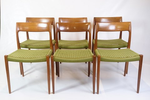 Sæt Af 6 Spisestuestole - Model 77 - Teak & Grøn Papirflet - Niels O. Møller - 
1960erne
Flot stand
